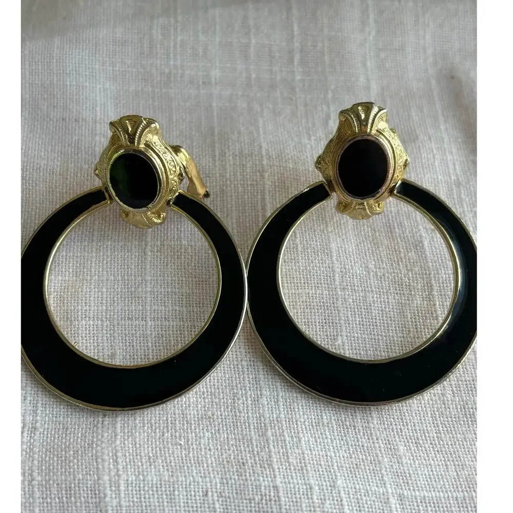 1980's Vintage Gold-Tone Black Enamel Hoop Large Door Knockers Clip On Earrings